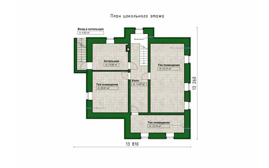 Проект квадратного двухэтажного дома с размерами 13 м на 13 м - P304