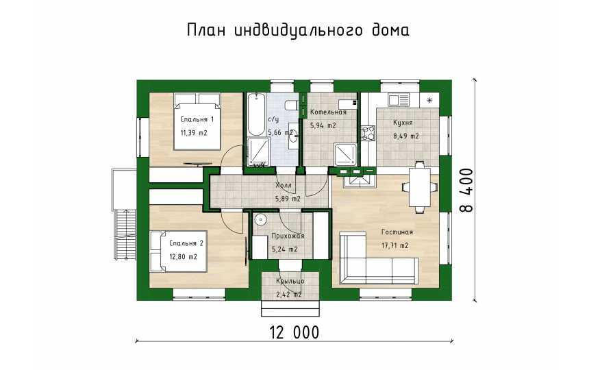 Проект узкого одноэтажного дома с размерами 12 м на 8 м - P263