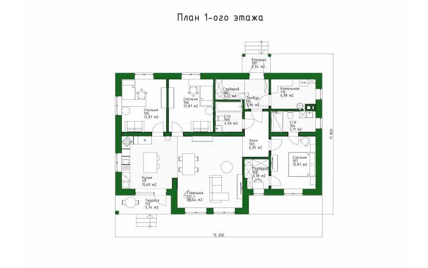 Проект узкого одноэтажного дома со вторым светом - P268