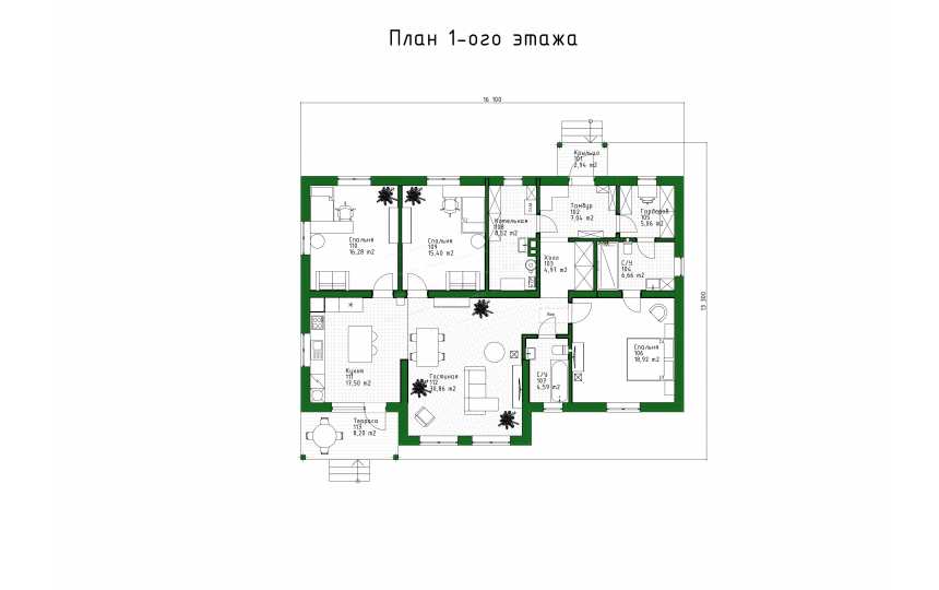 Проект жилого одноэтажного дома с большими окнами и вторым светом - P281