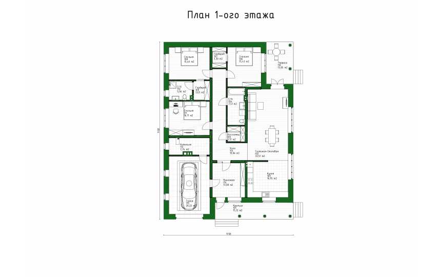 Проект узкого одноэтажного дома с одноместным гаражом - P249