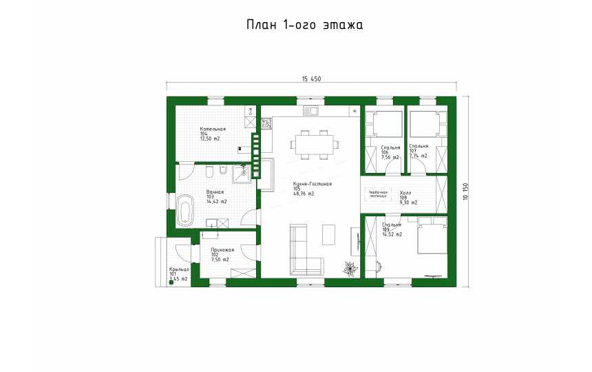 Проект узкого одноэтажного дома в стиле минимализм - P252