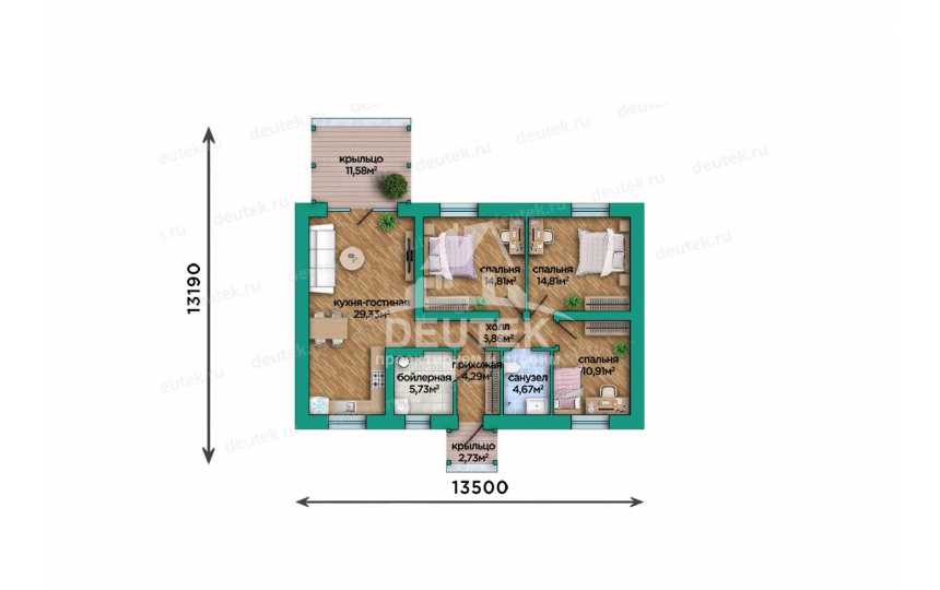 Проект квадратного одноэтажного дома с размерами 13 м на 13 м - LK-284