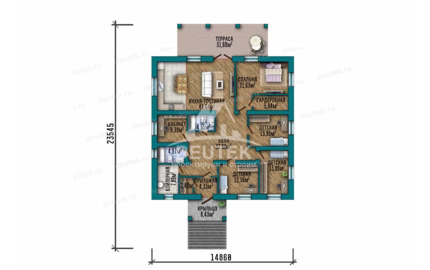 Проект узкого одноэтажного дома с кабинетом - LK-287