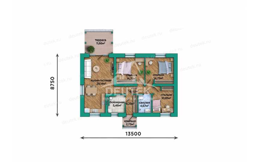 Проект загородного одноэтажного дома с размерами 13 м на 11 м - LK-294