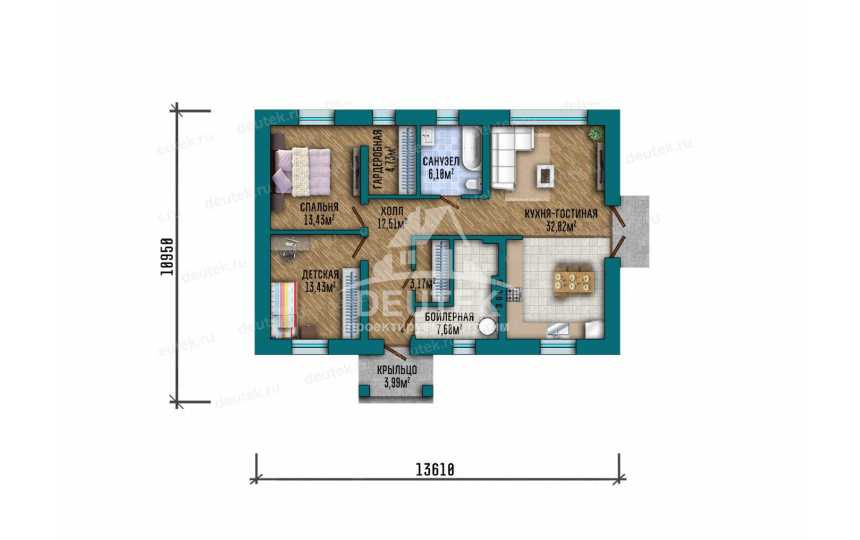 Проект узкого одноэтажного дома с размерами 10 м на 14 м - LK-305