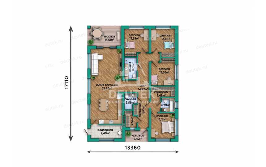План одноэтажного дома 187 м² с террасой — уют для семьи из 4–5 человек - LK-537