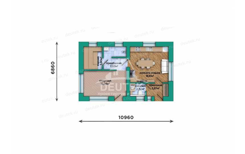 Проект бани 53,4 м² — комната отдыха 18,8 м², спортзал 15 м² и парная - LK-540