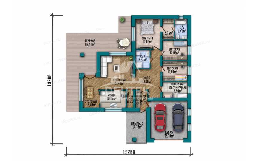 Проект одноэтажного дома площадью 212,82 м² — 3 спальни, терраса 62,4 м² и гараж на 2 машины - LK-542