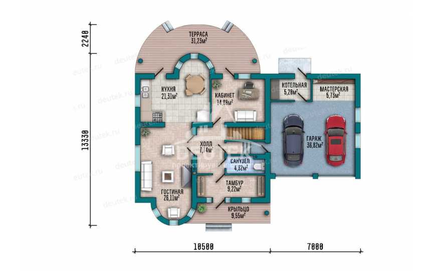 Проект дома с мансардой 210,44 м² — 3 спальни, большая терраса и гараж на 2 авто - LK-546
