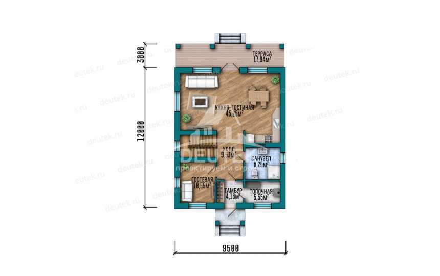 Проект двухэтажного дома площадью 176 м² — 3 спальни, кабинет, терраса и кухня-гостиная площадью 45,25 м² - LK-550