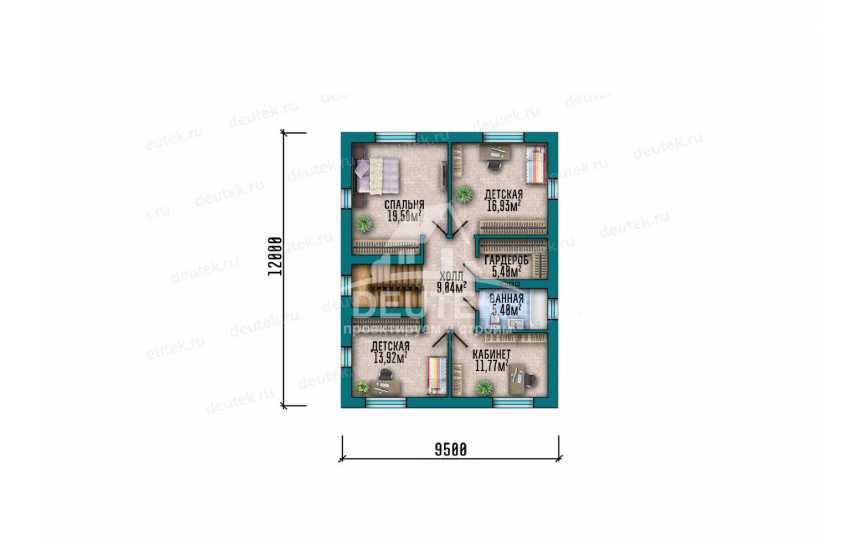 Проект двухэтажного дома площадью 176 м² — 3 спальни, кабинет, терраса и кухня-гостиная площадью 45,25 м² - LK-550