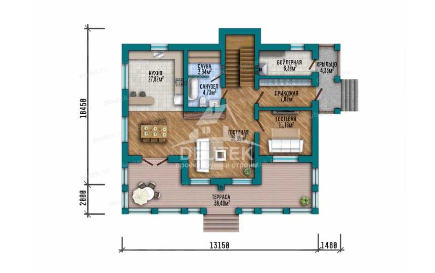  Проект дома 199 м² с мансардой — 3 спальни, сауна и терраса 38,49 м² - LK-553