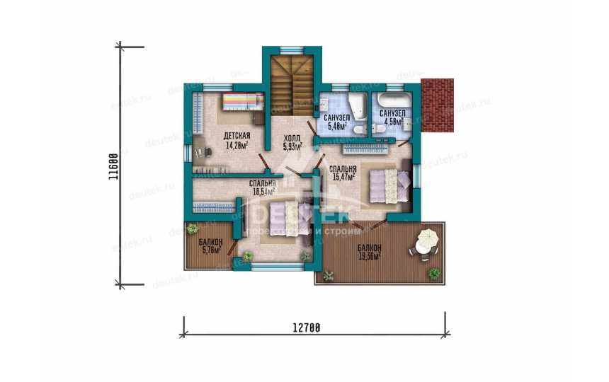  Проект двухэтажного дома площадью 144 м² — 3 спальни, терраса и 2 балкона - LK-554
