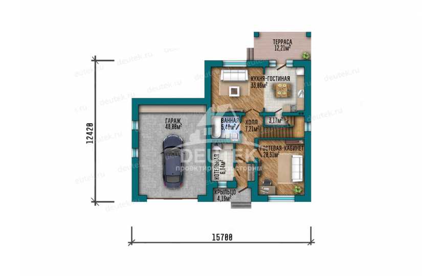  Проект двухэтажного дома площадью 214 м² — 3 спальни, гостевая-кабинет, гараж 48 м² и терраса - LK-555