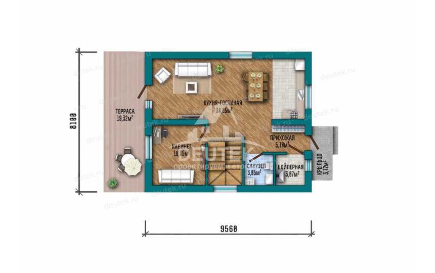 Проект мансардного дома 124 м² — 3 спальни, кабинет и терраса - LK-556