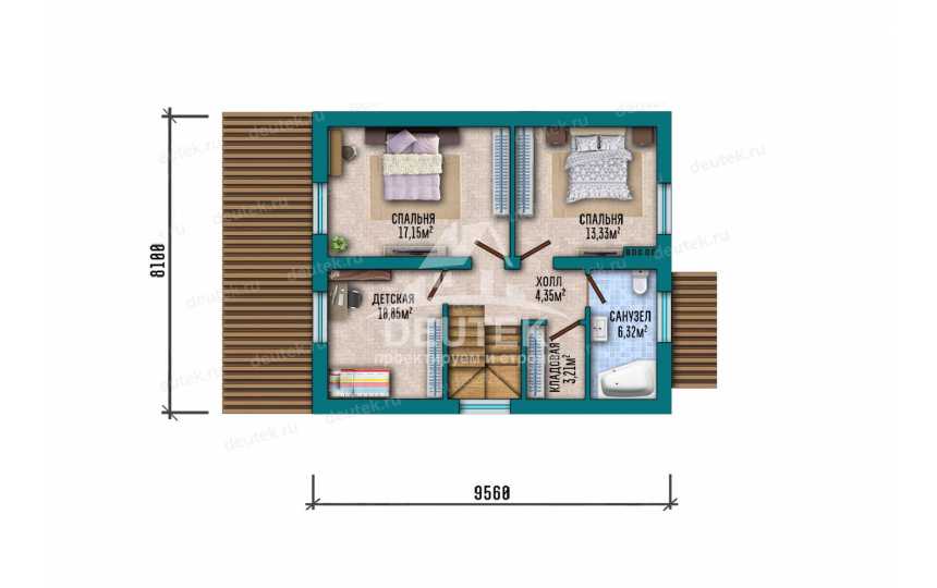 Проект мансардного дома 124 м² — 3 спальни, кабинет и терраса - LK-556