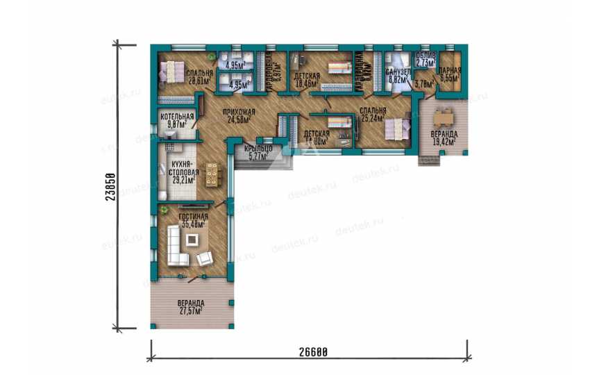 Проект одноэтажного дома 247 м² — 4 спальни, сауна, две веранды и просторная гостиная - LK-558