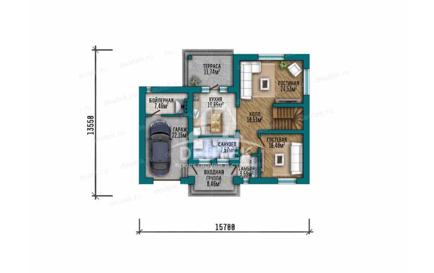 Проект двухэтажного дома площадью 204,32 м² — 4 спальни, гараж, терраса и балкон - LK-561