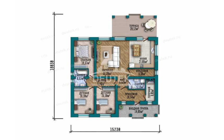 Проект одноэтажного дома 171 м² — 3 спальни, второй свет и терраса 28,12 м² - LK-562