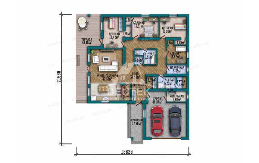 Проект одноэтажного дома 263 м² — 3 спальни, сауна, гараж на 2 авто и терраса - LK-563