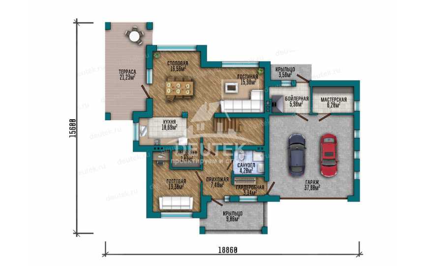 Проект двухэтажного дома 226 м² — 4 спальни, гараж на 2 авто и терраса - LK-570