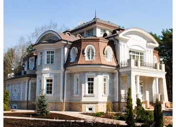 Проект трехэтажного дома из кирпича в стиле барокко с цокольным этажом, зимним садом и сауной, с размерами 21 м на 18 м EV-9