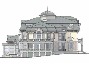 Проект узкого трехэтажного дома из кирпича в стиле барокко с цокольным этажом, тренажёрным залом и сауной, с площадью до 1300 кв м EV-13