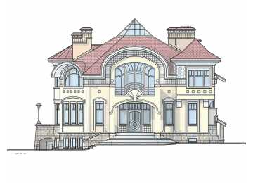 Проект узкого двухэтажного дома из кирпича в стиле барокко с цокольным этажом, сауной и бассейном PA-15