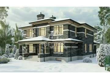 Проект двухэтажного дома 368 м² с подвалом — 4 спальни, кабинет и терраса 49,88 м² - LK-565