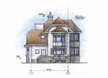 Проект двухэтажного дома из кирпича в стиле барокко с подвалом и верандой, с размерами 8 м на 10 м и площадью до 200 кв м EV-12