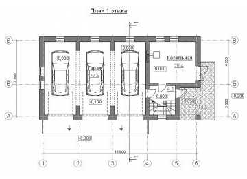 Проект узкого двухэтажного трёхместного гаража из кирпича в стиле барокко с мансардным этажом, с размерами 16 м на 8 м и площадью до 200 кв м EV-18