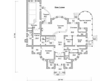 Проект трехэтажного дома из кирпича в стиле барокко с цокольным этажом и бассейном, с площадью до 900 кв м EV-24
