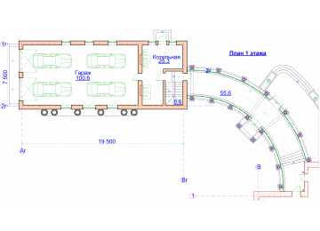 Проект гаража для четырёх машин из кирпича в стиле барокко c размерами 8 м на 20 м и площадью до 300 кв м - PA-63