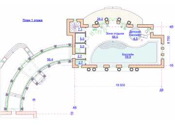 Проект узкого одноэтажного бассейна из кирпича в стиле барокко с эркерами, с площадью до 200 кв м -  PA-67