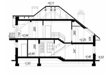 Проект европейского дома с мансардой и двухместным гаражом 11 на 15 метров DTA100133