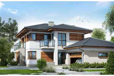 Проект одноэтажного дома из керамических блоков с террасой, мансардой и гаражом DTN100029