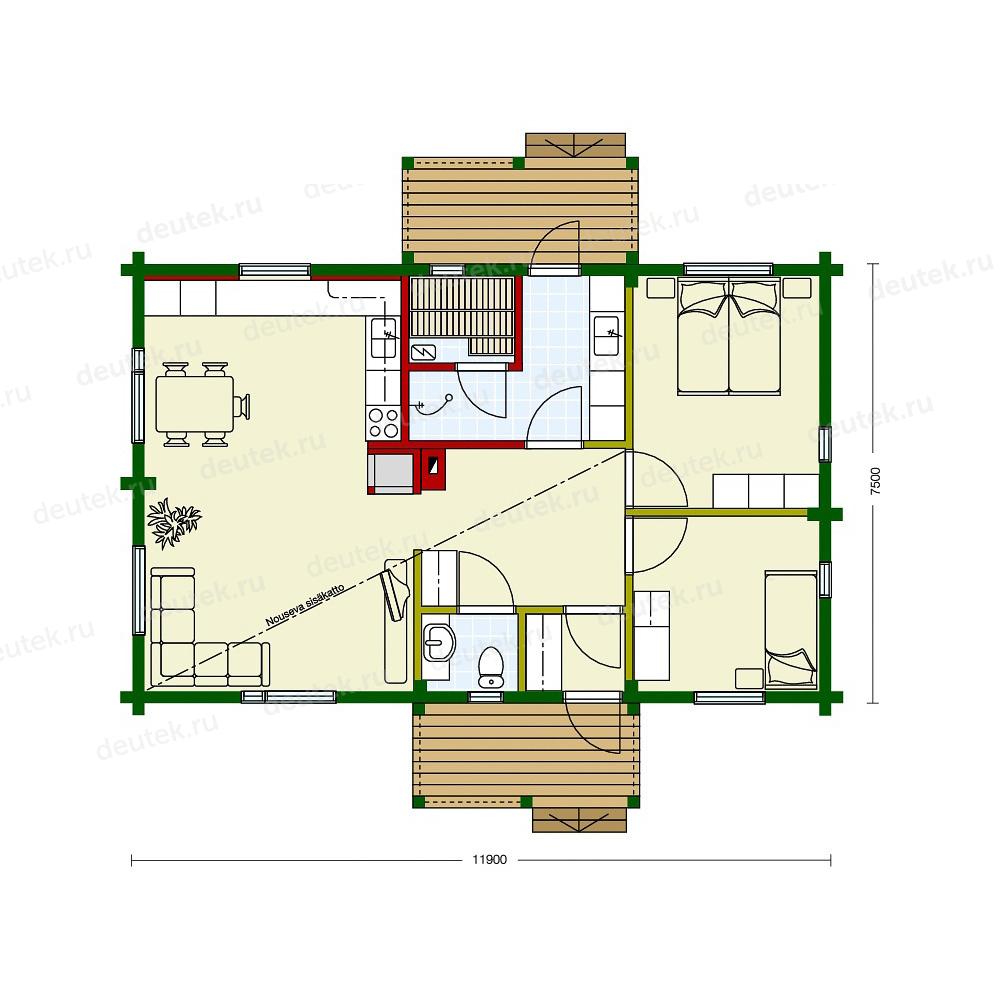 DTW0063 – проект одноэтажного дома из бруса до 100 кв м c 2 спальнями